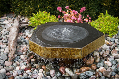 Blue Thumb polished basalt bird bath fountain on a basalt pedestal