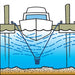 Diagram of Power House Ice Eater suspended below boat keeping area ice free and attached to both sides if dock