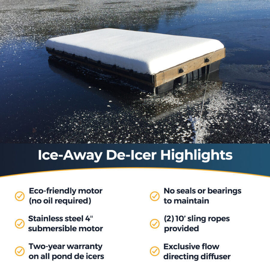 Ice-away de-icer on a frozen pond with features listed below.