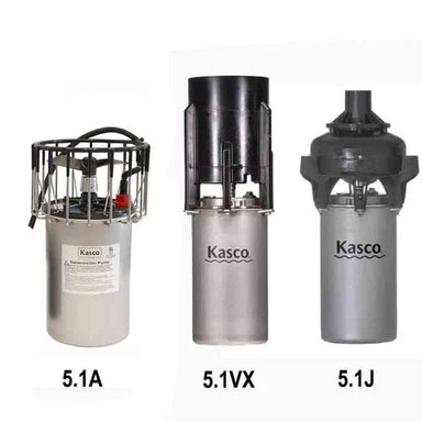 Three 5 HP Kasco pumps labeled 5.1A, 5.1VX, and 5.1J on a white background.