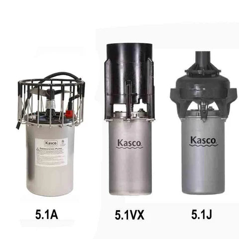 Three 5 HP Kasco pumps labeled 5.1A, 5.1VX, and 5.1J on a white background.