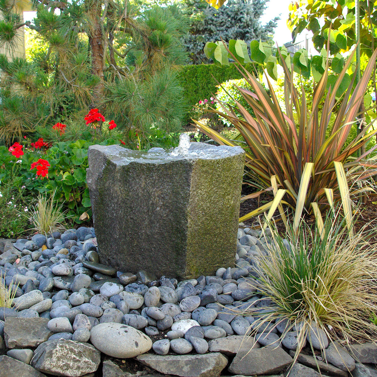 Klamath Basin boulder fountain in a garden