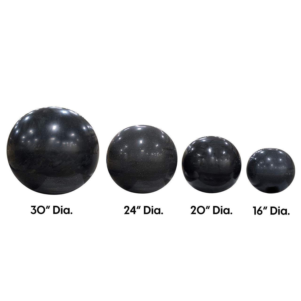 Stone sphere fountain size comparison 16, 20, 24 and 30 inch