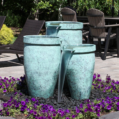 Blue Thumb round brass triple urn fountain kit with aqua patina spillway urns