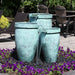 Blue Thumb round brass triple urn fountain kit with aqua patina spillway urns